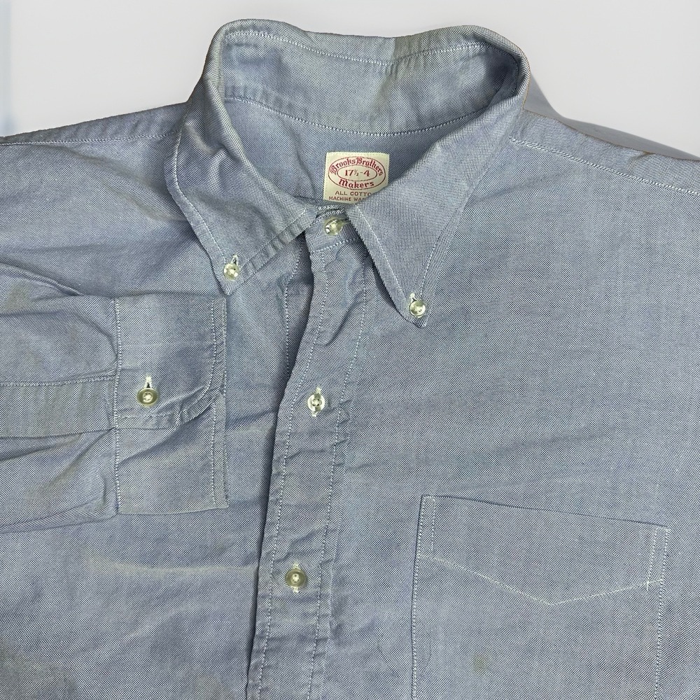 Vintage 60s Brooks Brothers Shirt Men 17.5-34 Blue Chambray Oxford OCBD Made USA